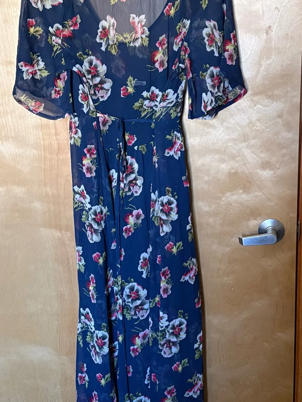Abercrombie & Fitch Navy Floral Maxi Dress V- Neck, Flutter Sleeves, Waist Tie